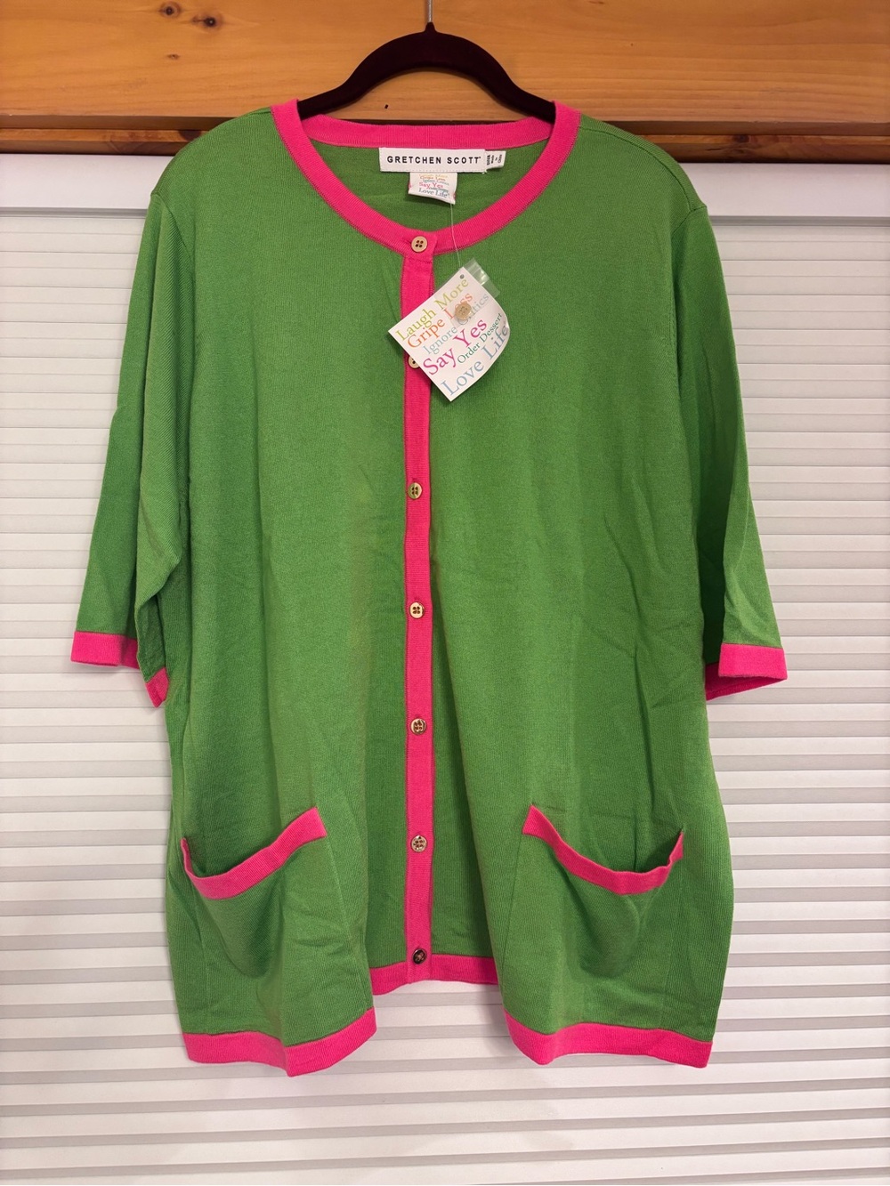Gretchen Scott Designs Green and Pink Scoop Neck Cardigan
